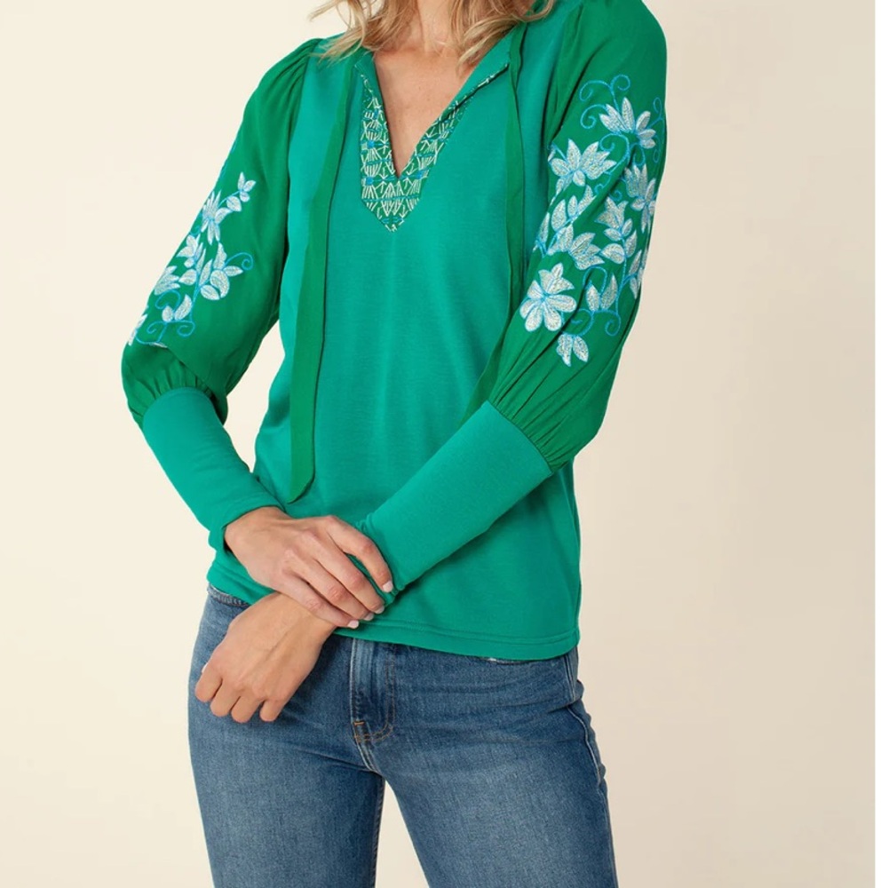 Emerald green “Marilyn” long sleeve jersey top with white embroidery